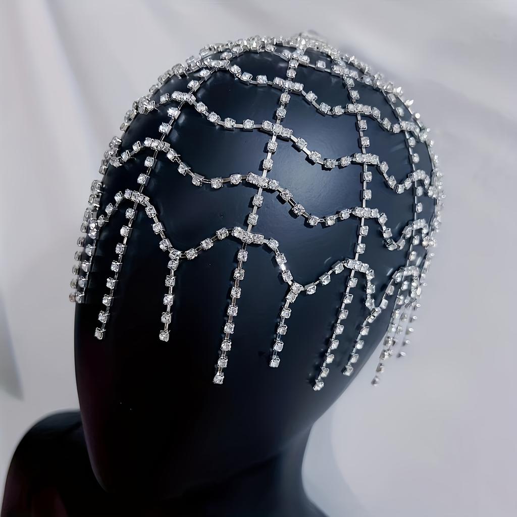 Rhinestone Hair Net Hollow Out Chain Cap Metal Sparkly Tassel Hair Jewelry For Women Girls