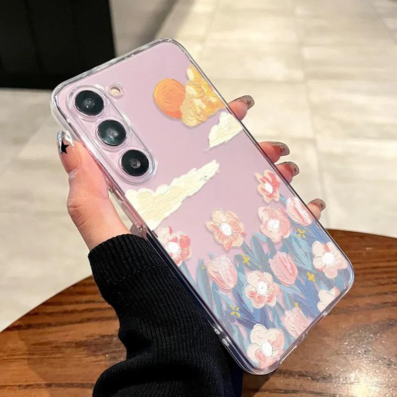 Painting Flower Clear Phone Cases for Samsung Galaxy S24+ S23+ Plus Ultra Transaprent Cover for Samsung S22+ Ultra Fundas Shell