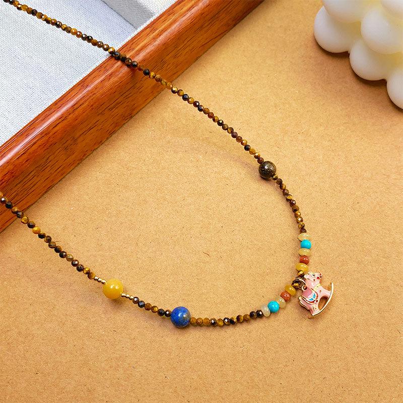 Vintage Tiger Eye Stone Necklace with Gilded Rocking Horse Pendant - 2025 Elegant Design Clavicle Chain.