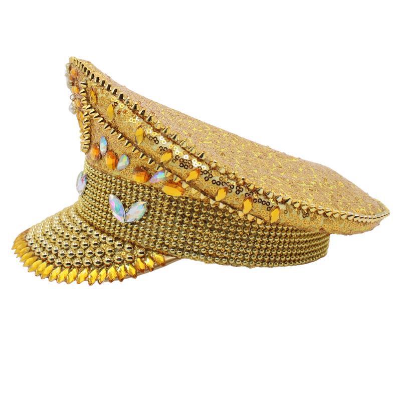 Diamond-Encrusted Bridal Big Cap Flat Top Sequin Cap Gold Diamond Top Hat Female Handmade