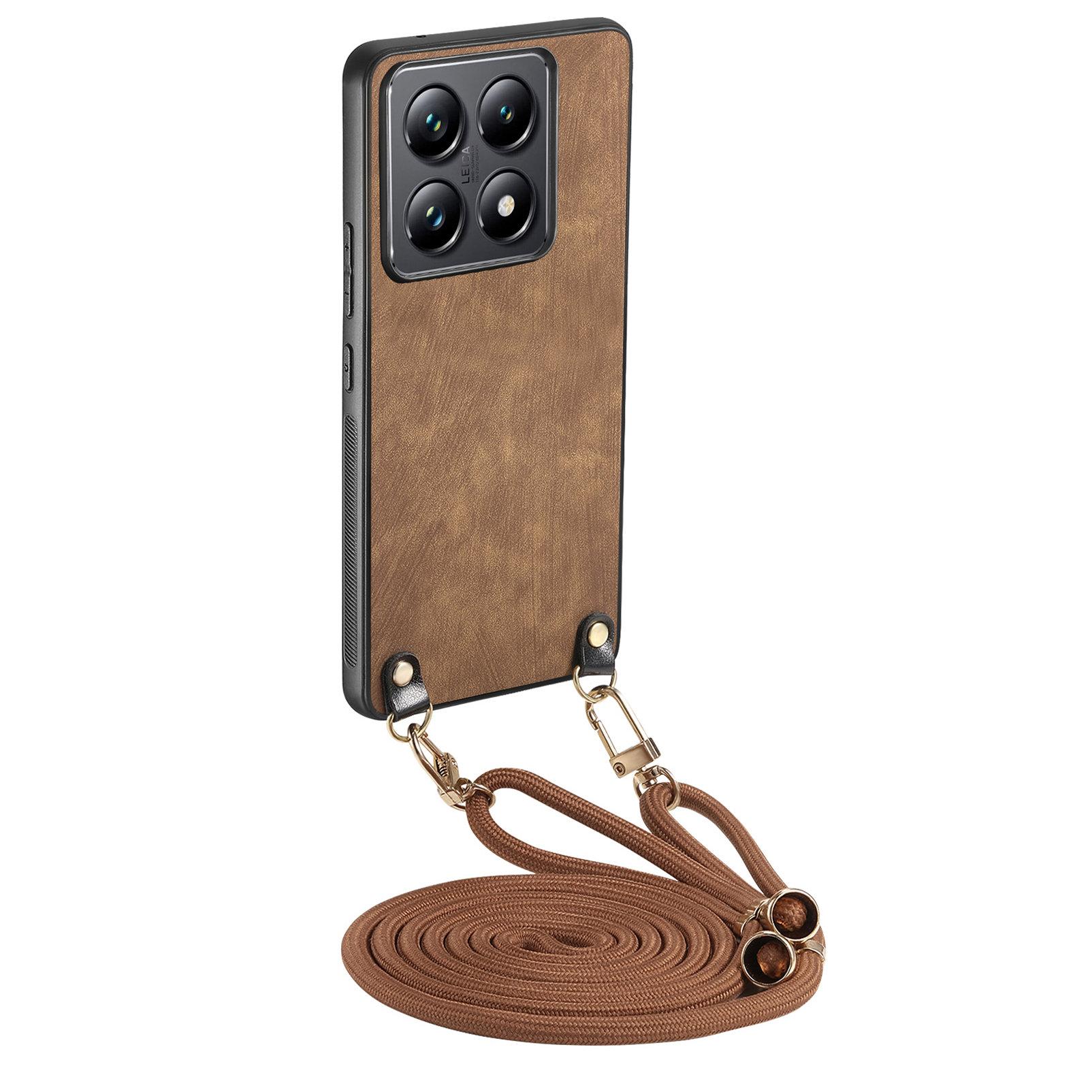Чехол-накладка из ретро-кожи для телефона Xiaomi 14T с регулируемым ремешком Brown