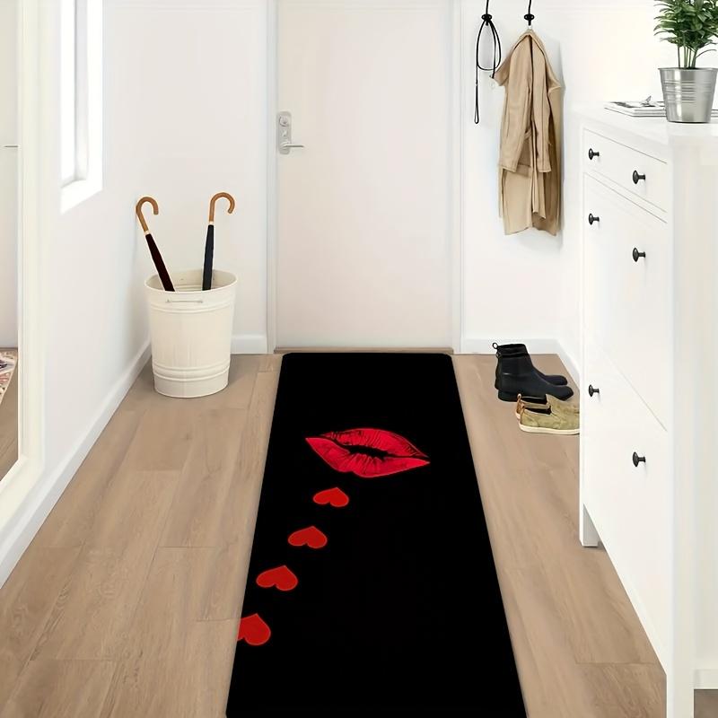 Red Lips Heart Print Long Runner Rug Absorbent Non Slip Mat For Hallway Bedroom Kitchen Home Use