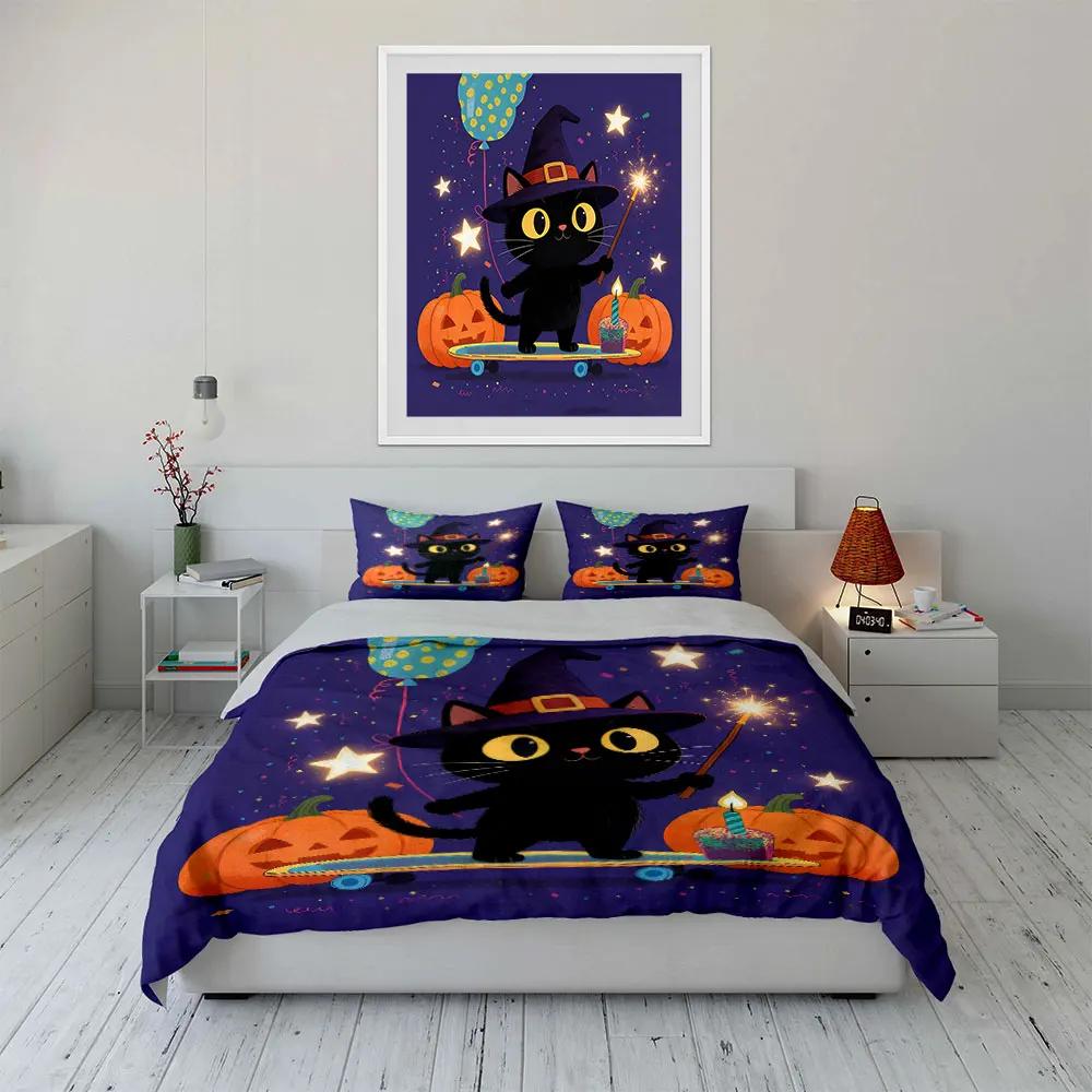 Halloween Witch Cat Set Soft Comfortable Duvet Cover Bedding Set Included 1*Duvet Cover & 2*Pillowcases gift