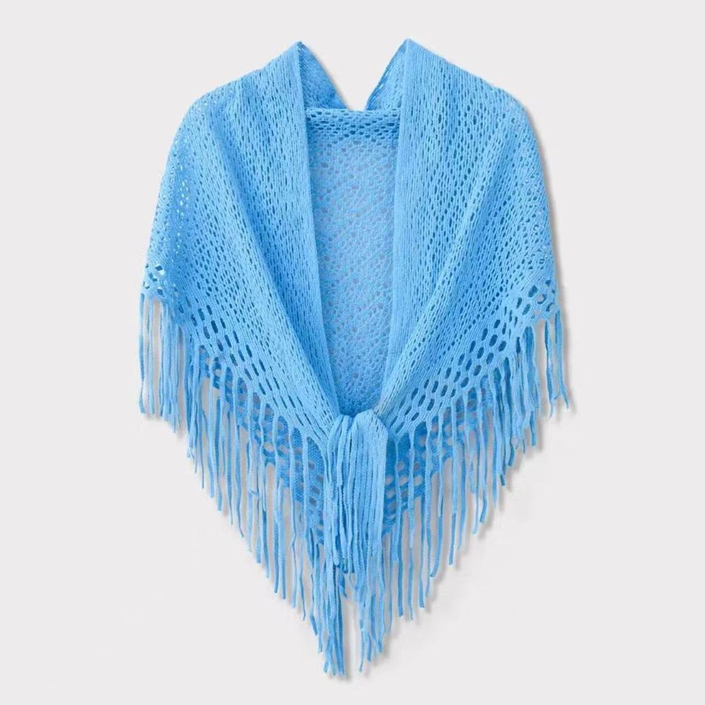 Cape Knitted Triangle Scarf Cloak Fart Curtain All-match Hollow Out Scarves Summer синий