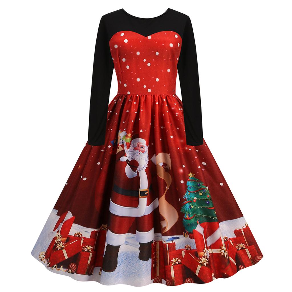 Vintage 1950s Christmas Dress for Women Retro Santa Print Long Sleeve Party Dresses for Women 2024