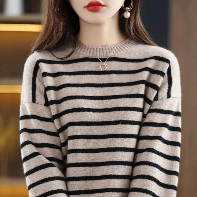 Sweater for Women Winter Stripe Pullover Warm Knitted Stretchy Long Sleeve Oversize Jumper Tops