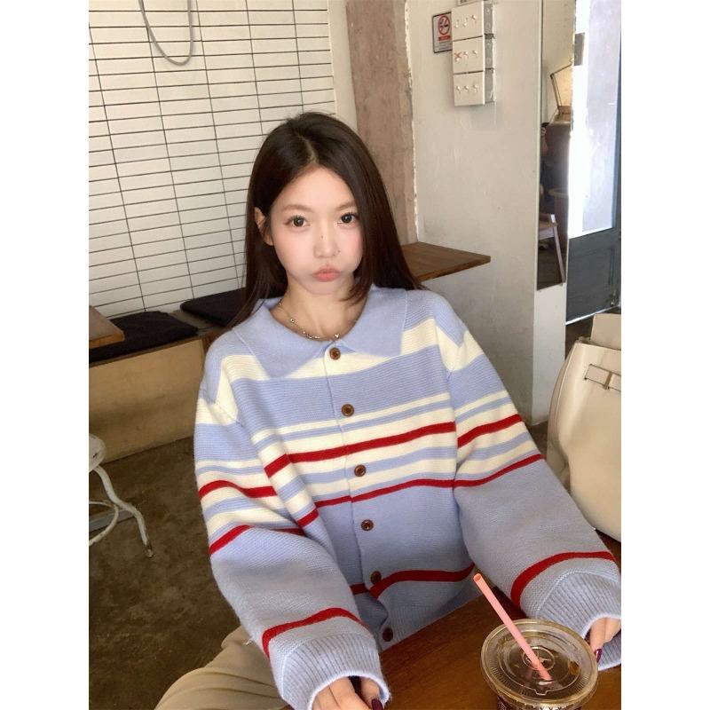 Polo collar button contrasting stripes lazy loose knitted cardigan women's autumn and winter sweater button top jacket