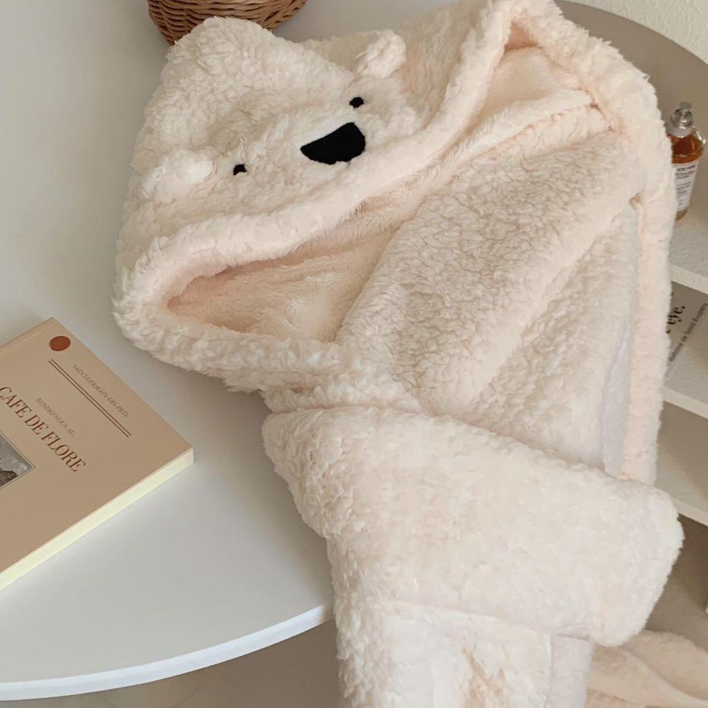 2024 Cute Cartoon Bear Hooded Shawl Blanket - Cozy and Thick for Women