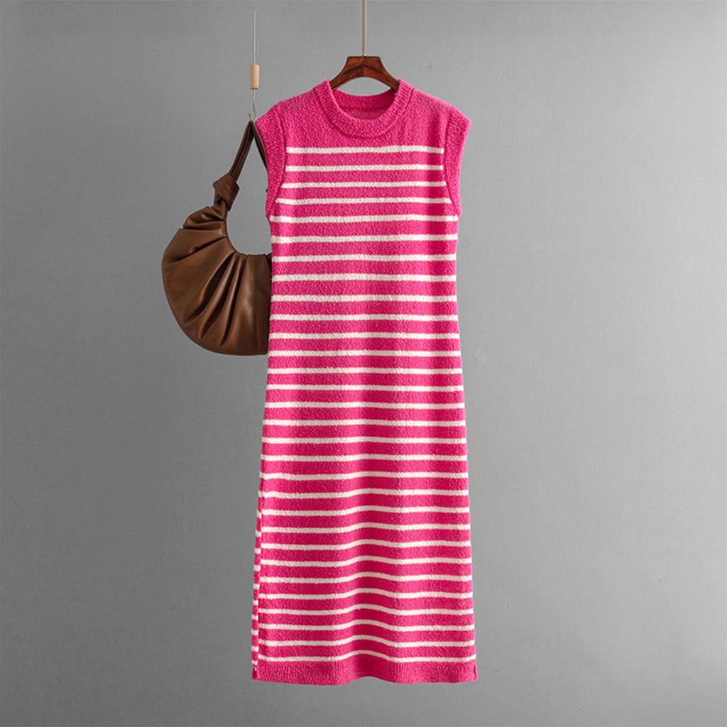 Women's Fashionable Round Neck Slim Knit Striped Vest Casual Long Dress