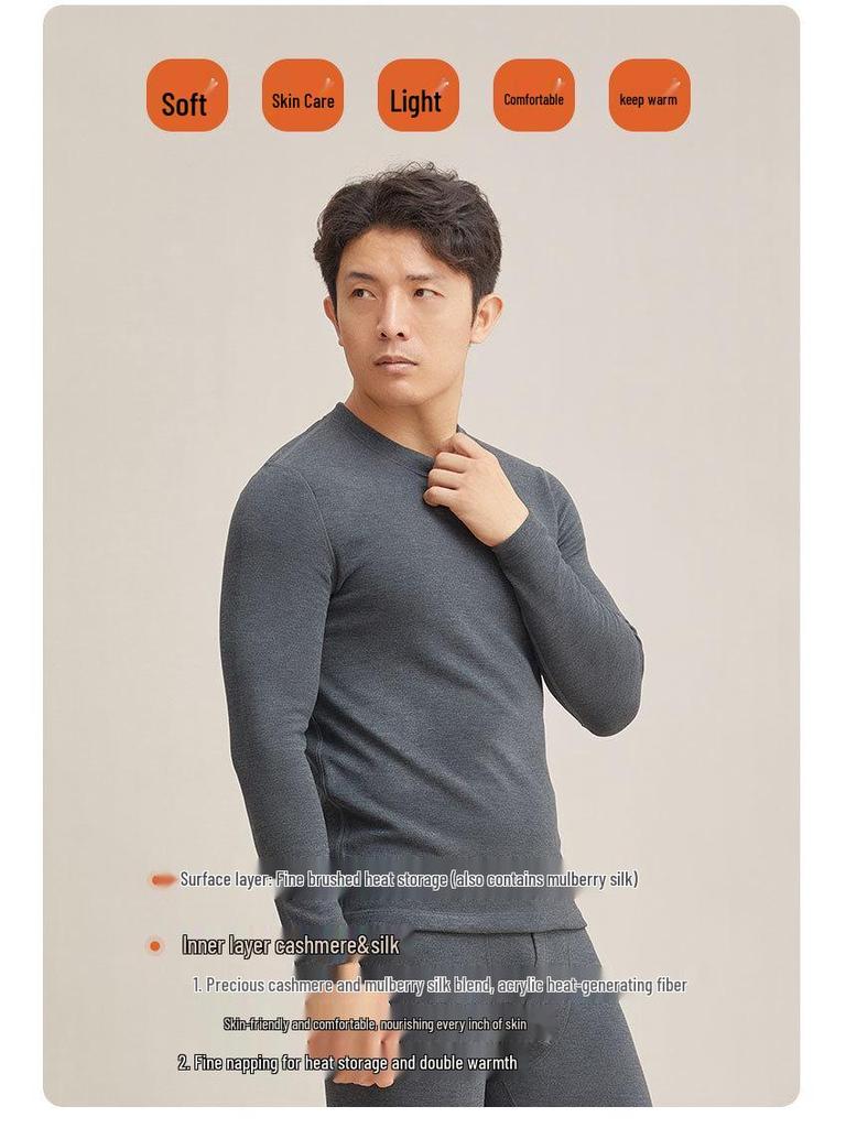 Men's Thick Fleece-Lined Cashmere Silk Base Layer Set for Winter