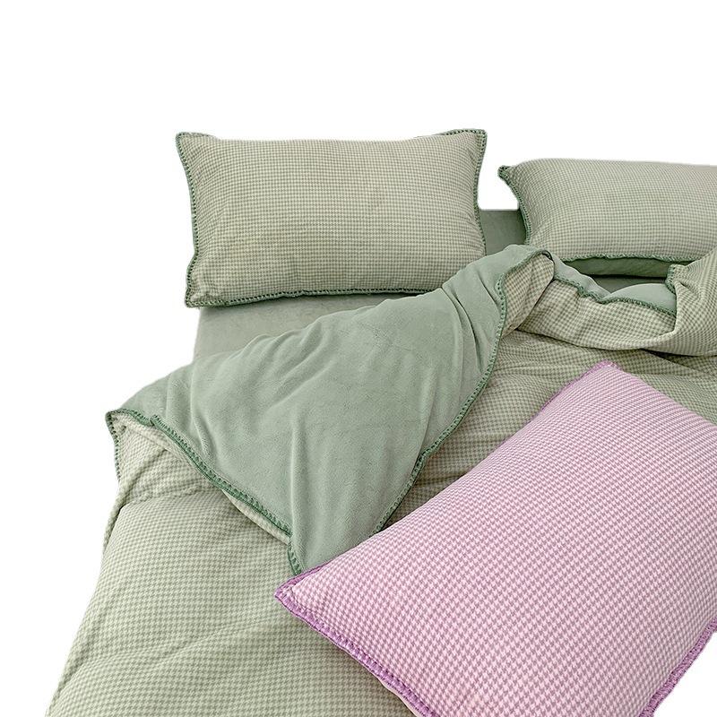 Thickened Milk Fleece Nordic Simple Small Thousand Bird Grid Bed Four-Piece Coral Fleece 1.5M 1.8 Double-Sided