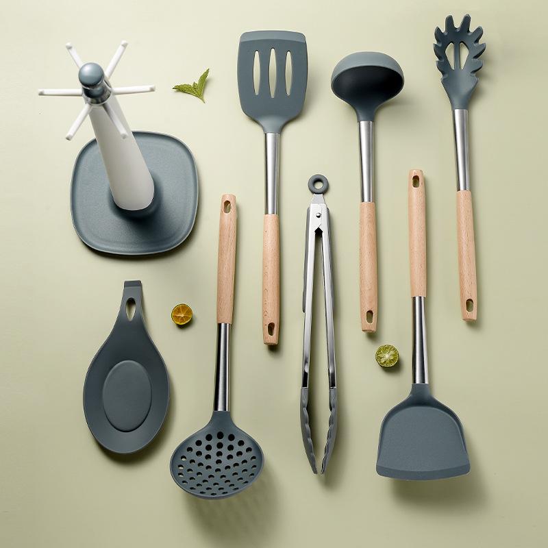 8 PCS Silicone Cooking Kitchen Utensil Set Wooden Handle Kitchen Baking Tools Kitchenware Accessories Storage Bucket