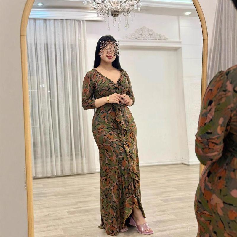 

Women clothes Middle East Flower Print Sexy dresses for women Long dress Formal Dress Green Print XXL
