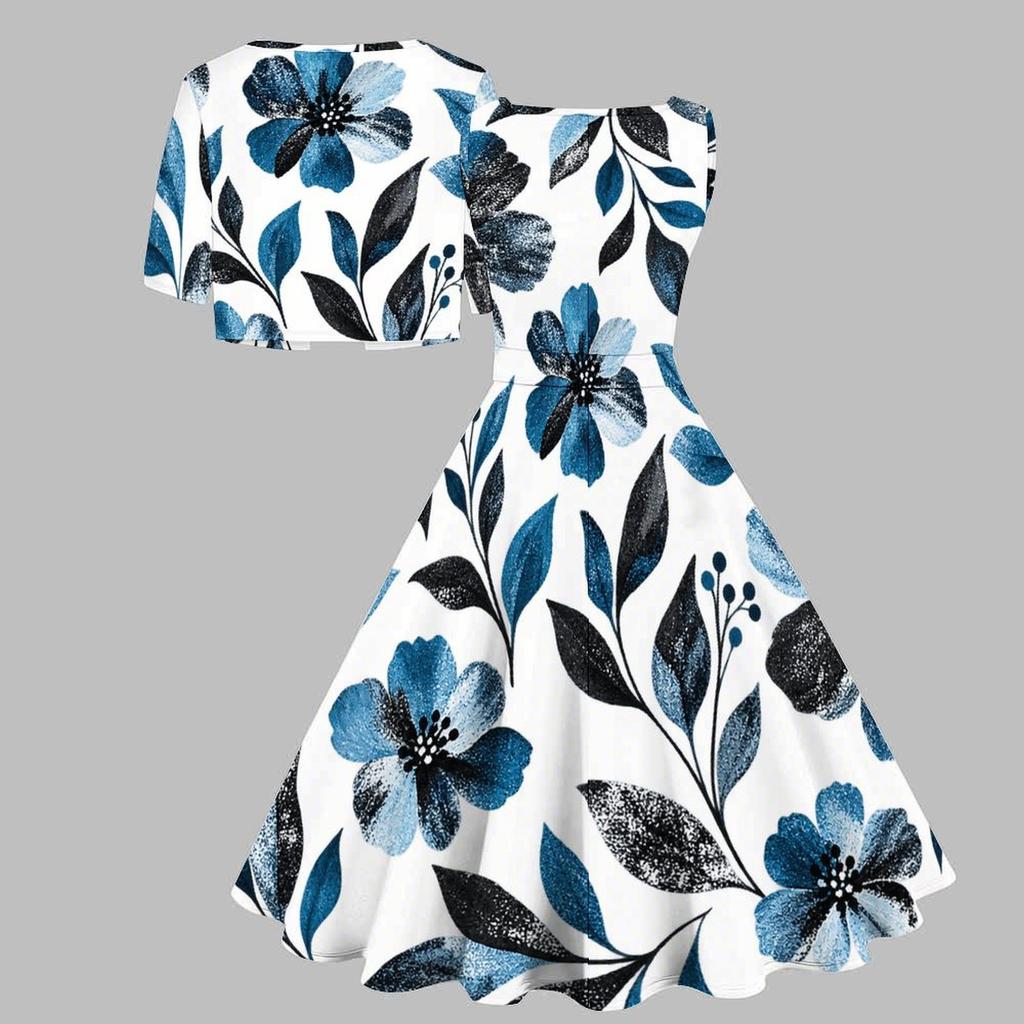 Women Plus Size Two Piece Set Floral Leaf Printed Square Neck Sleeveless Tie Waist Flared Dress With Short Sleeve Cropped Shrug