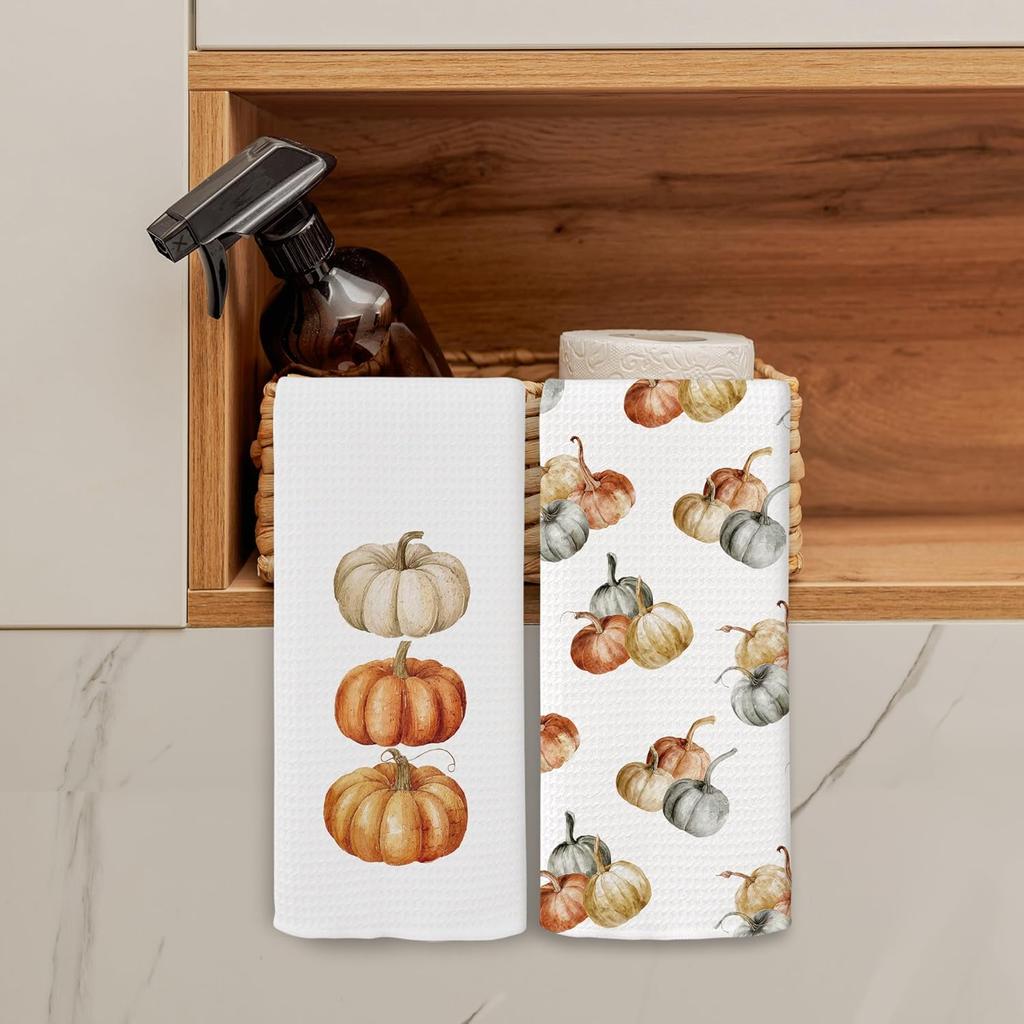 Fall Pumpkin Kitchen Towels Decor Set of 2 - Retro Autumn Moody Fall Hand Tea Towels, Rustic Cottagecore Fall Dish Towel Dishcloths Decorations for