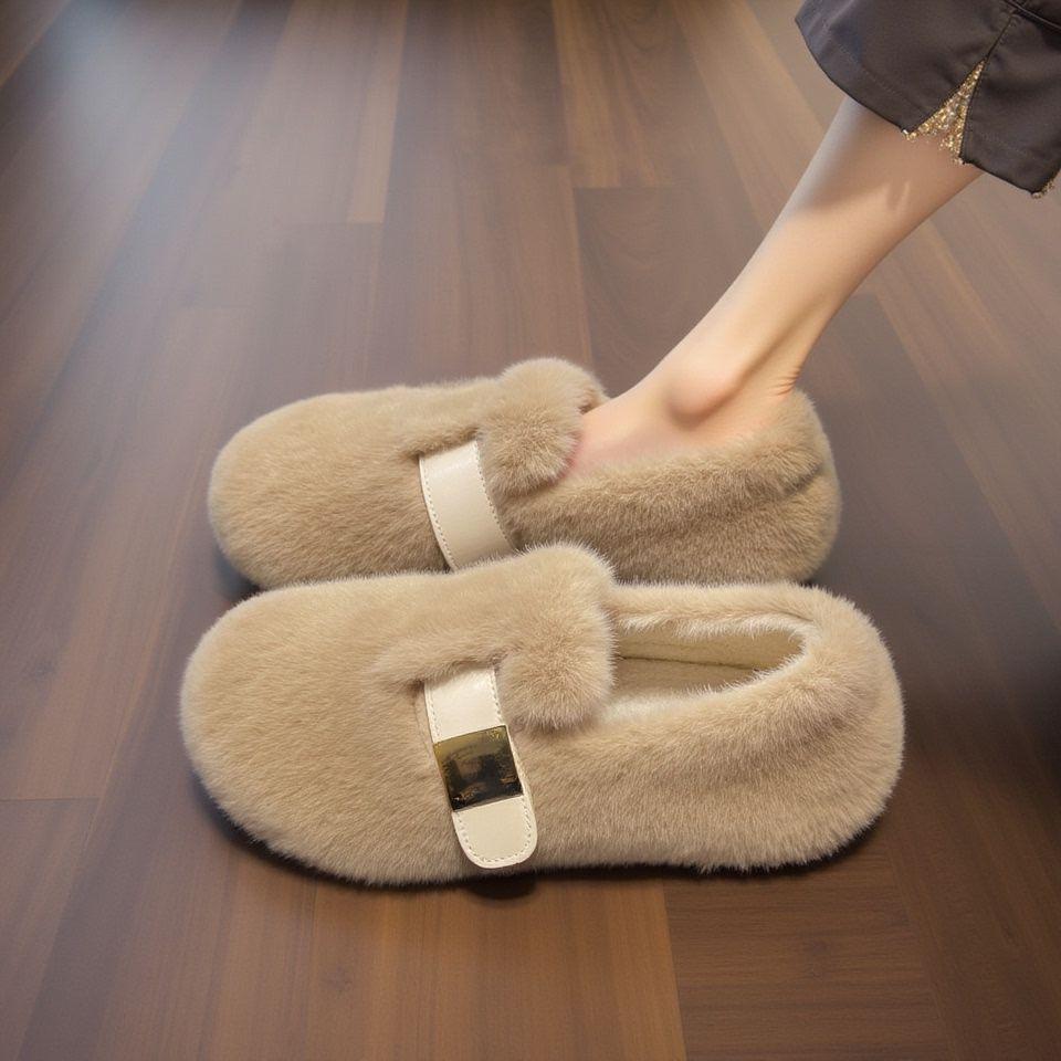 

Новая женская мода Сто Мэри Дженни Пушистые тапочки Подкладка из шерсти Теплые Мягкая подошва Для улицы Зимние Хлопковые туфли 40