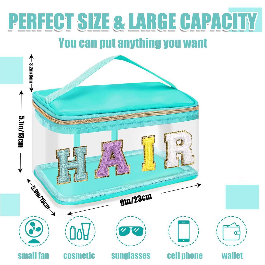 Green Large Capacity Transparent Makeup Bag HAIR Letter Decor Cosmetic Pouch Travel Toiletry Organizer for Women Girls Bathroom