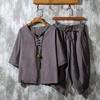 Men's Retro Chinese-Style Cotton & Linen Buttoned Three-Quarter Sleeve T-Shirt and Shorts Set