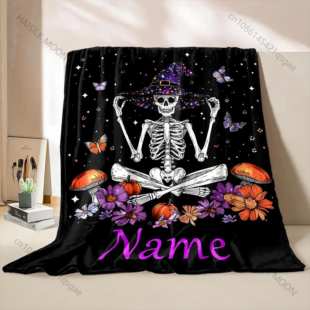 1PC Custom Name Blanket Skeleton Love Mushrooms Printed All-Season Soft Warm Blanket for Adults and Children Halloween Gift