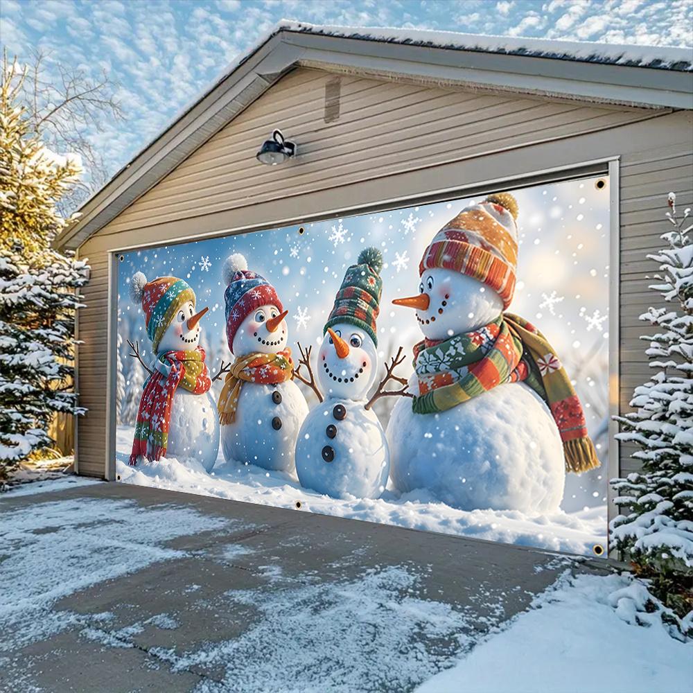 2D Door Banner 1 Large Christmas Snowman Garage Door Banner - Durable Polyester Fiber Holiday Snowflake and Snowman Design