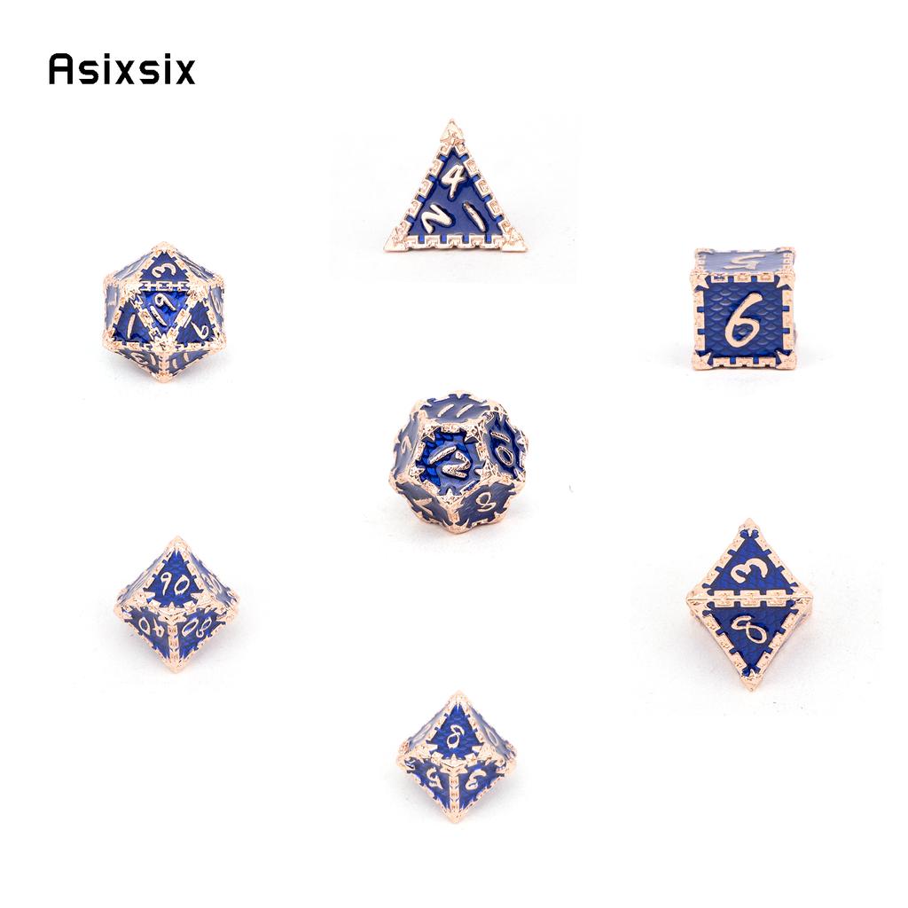 7 Stück blaue goldene Fischschuppen-Metallwürfel aus massivem Metall, polyedrisches Würfelset, geeignet für Rollenspiele, RPG-Brettspiele, Kartenspiele
