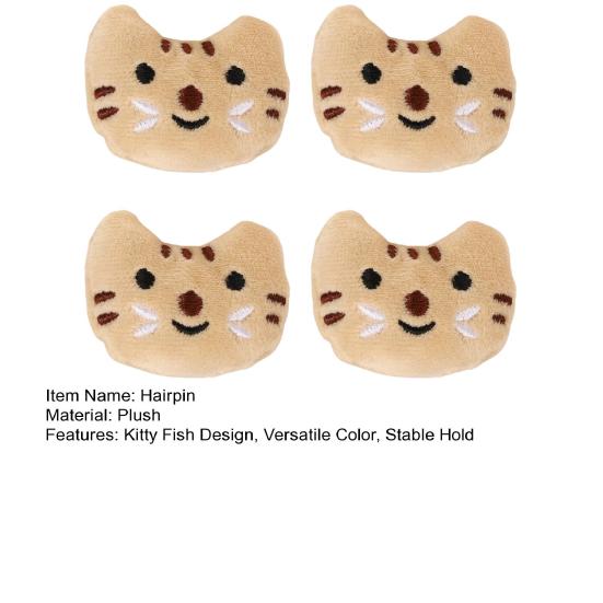 4Pcs Girl Hairpin Mini Plush Kitty Fish Design Secure Hold Hair Clip Side