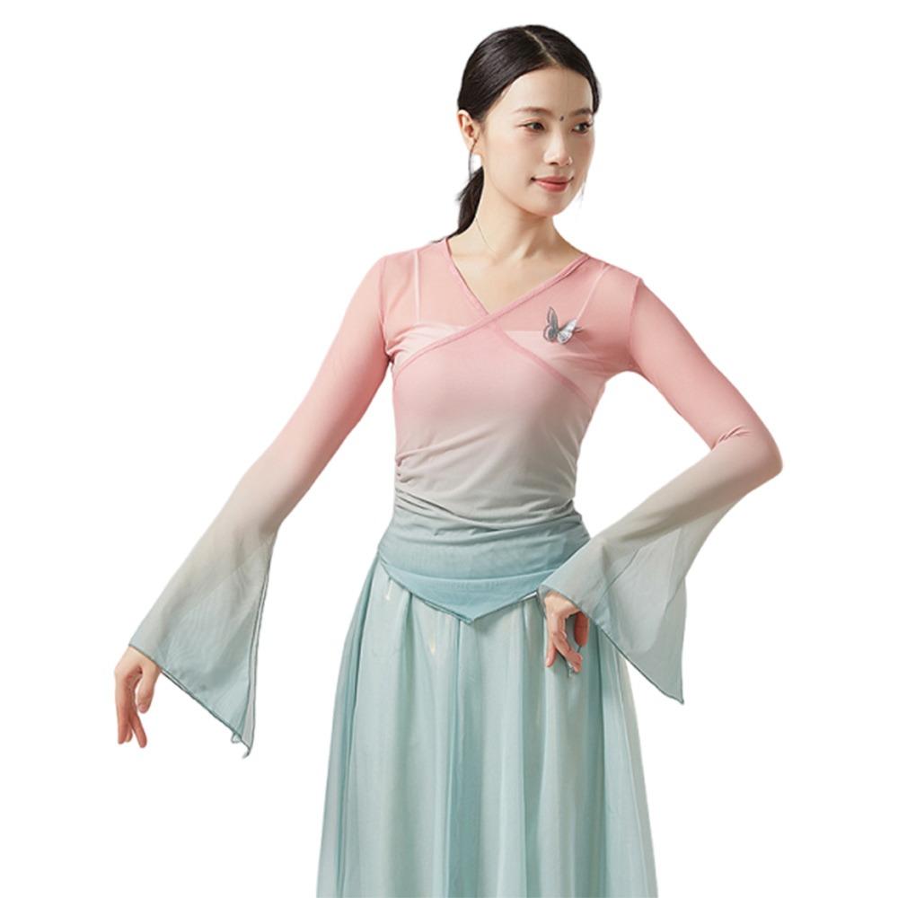 

Gradient Classical Dance Top Butterfly Performance Training Costumes Flared Sleeve Shirt Dance XL