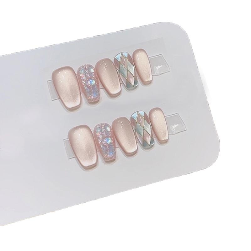 10pcs Pink Cat Eye Diamond Pattern Press On Nails Medium Square Shape Handmade Removable Fake Nails For Women Girls Nail Art