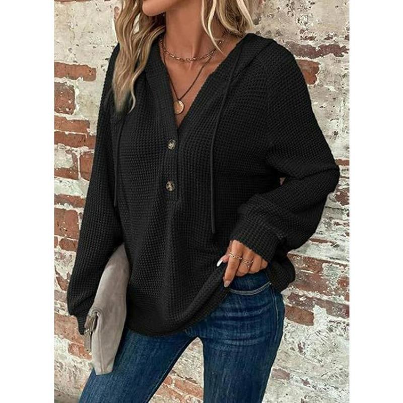 Women's V-Neck Waffle Knit Drawstring Button Long Sleeve Hoodie