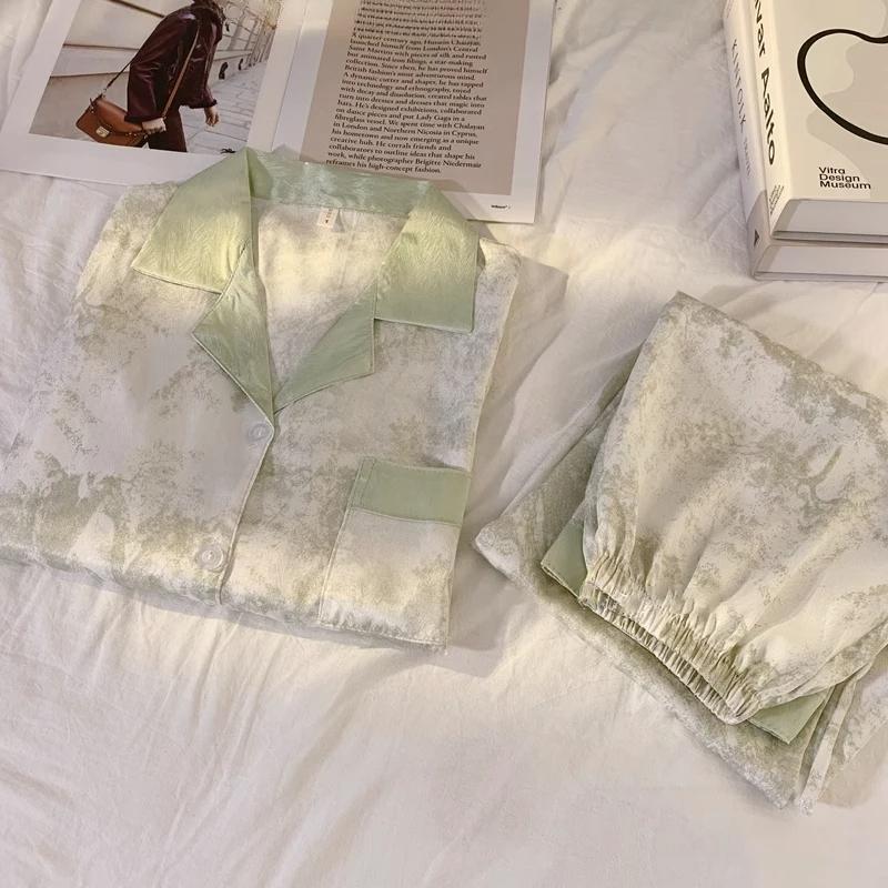 Women's Satin Pajama Set Spring Classic Sandpainting Pajama Set Long Sleeve Button Green Pajama Lounge Pant Women Sleepwear