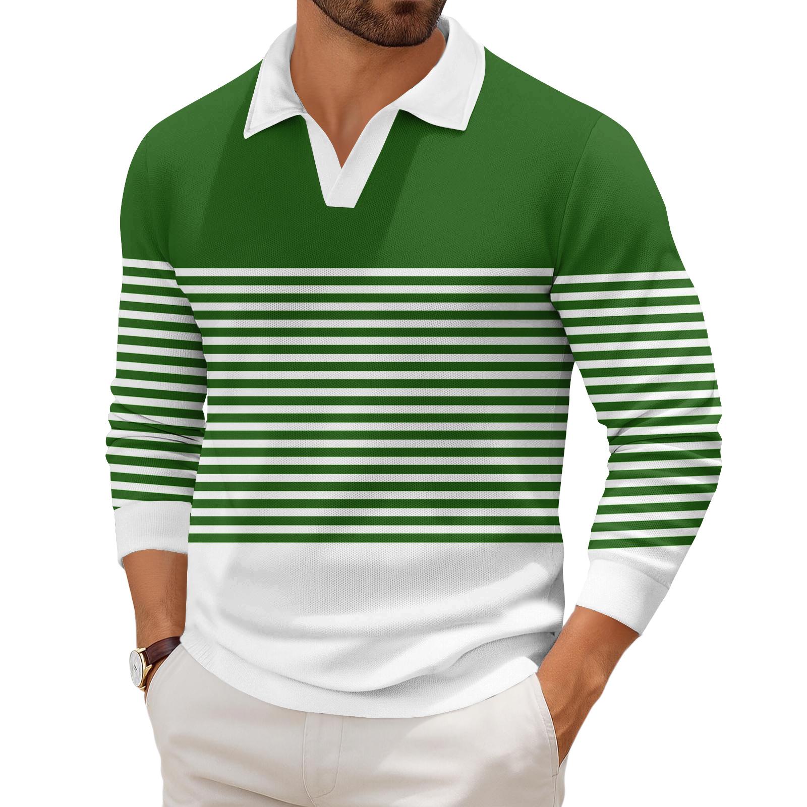 

Men s Casual Fashion Printed Lapel Long-sleeved Knitted Bottoming Shirt Top M зелёный