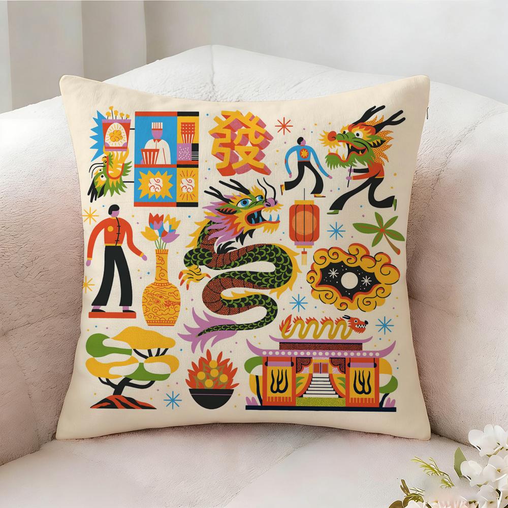 Oriental Festive Lion Pillow Case Pillowcase Doublesided Printed Sofa Cushion Bedroom Headboard Pillow