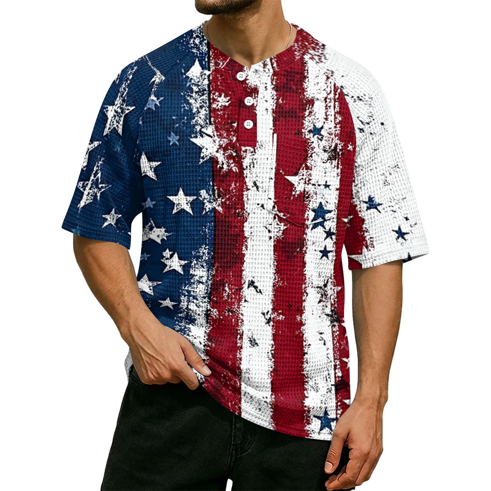 

Men s Casual Waffle Knit Short Sleeve Shirt with Independence Day Graphic Print Lightweight Breathable Comfortable Fit XXXL винний