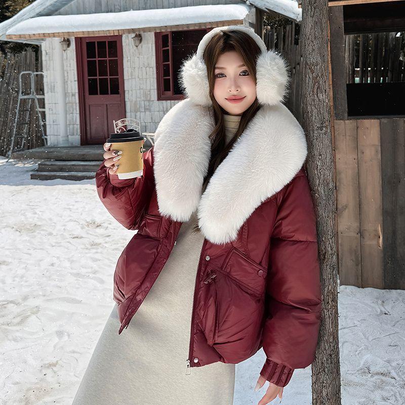 Chic Winter Women Jacket Korean Style Faux Fur Collar Slim Fit Warm Padded Coat Fashionable Outwear