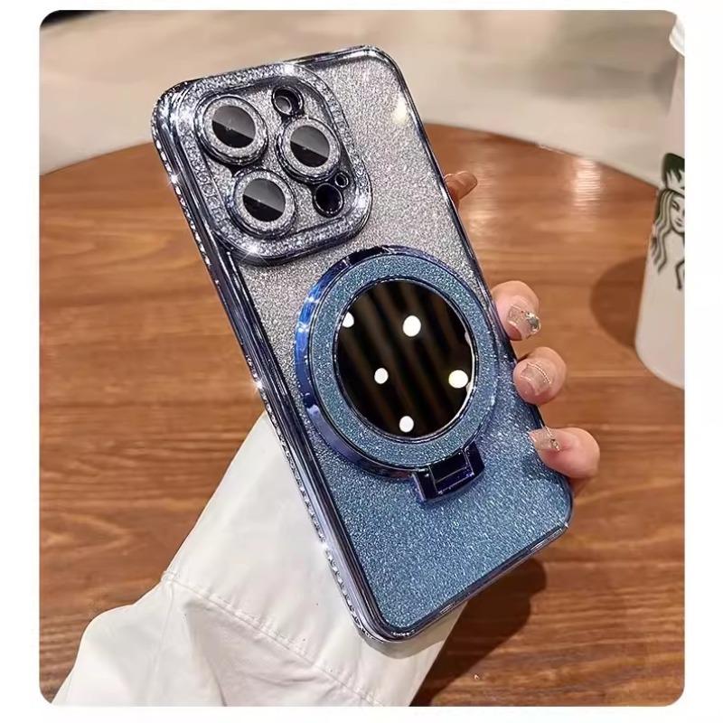 

Side Diamond Flash Powder Suitable for IPhone16proMax Mobile Phone Case Apple 15 Magnetic 14 Makeup Mirror Bracket Cover 13 iPhone11proMax