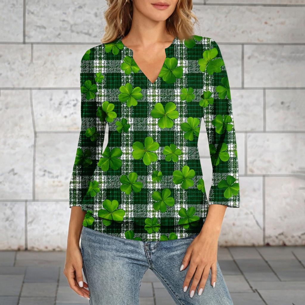 Women's 3/4 Sleeve Top With Cuffed Hem, V-Neck, Summer Casual -Shirt, St. Patrick's Day Printed Top