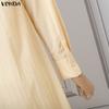 VONDA Women Elegant Lapel Neck Long Sleeve Baggy Pleated Casual Long Shirts Dress
