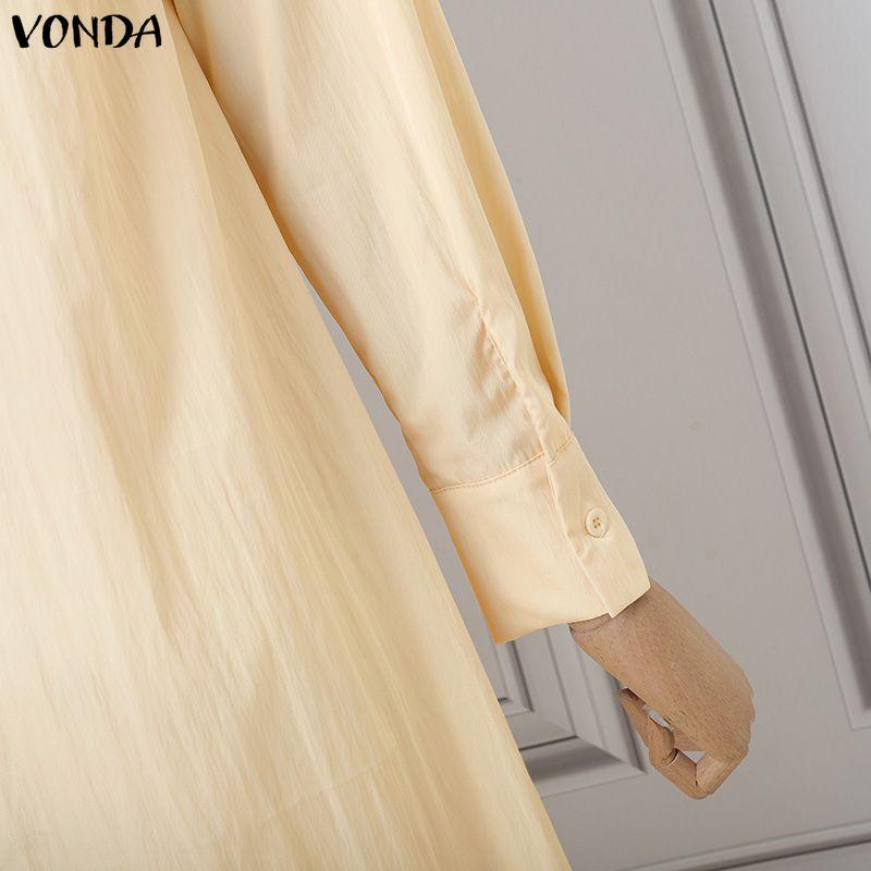 VONDA Women Elegant Lapel Neck Long Sleeve Baggy Pleated Casual Long Shirts Dress