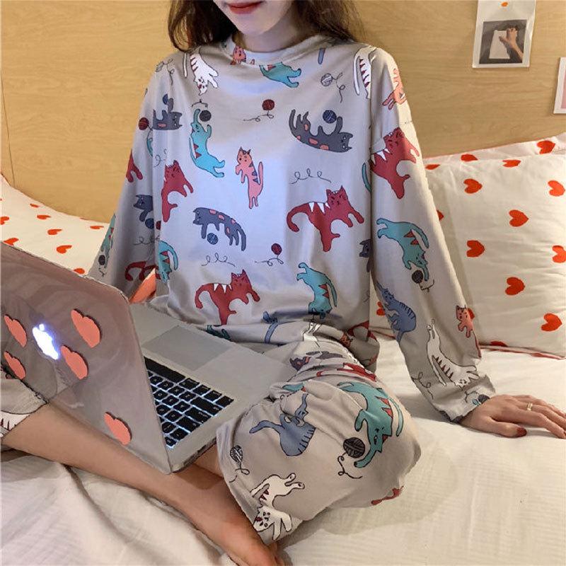 Spring & Autumn Women's Long-Sleeve Pajama Set - Cute Cartoon Design, Plus Size, Cozy Winter Loungewear