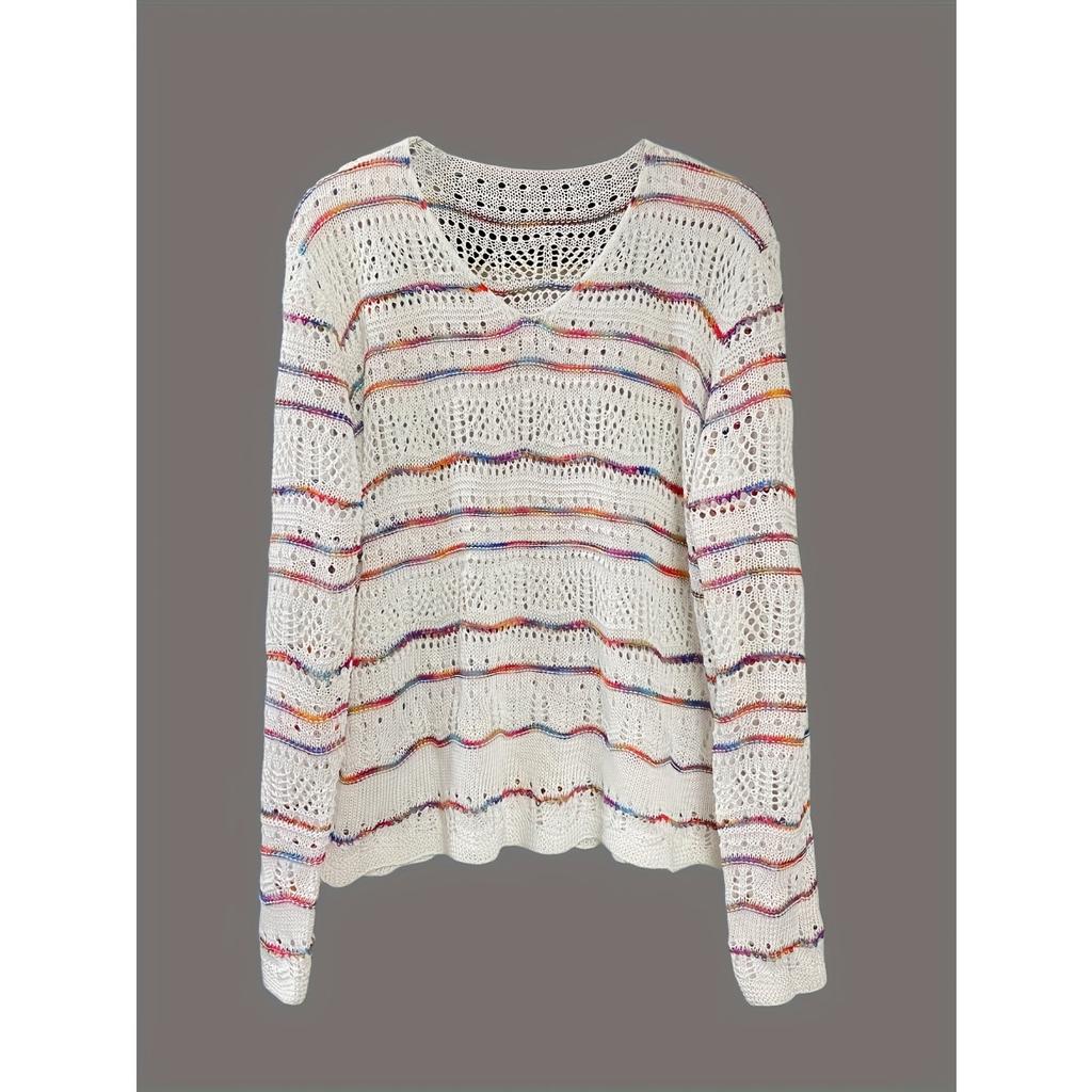 Summer Vacation Women's Hollow Out Splicing Rainbow V-neck Thin Knit Pullover Sweater Cover Up