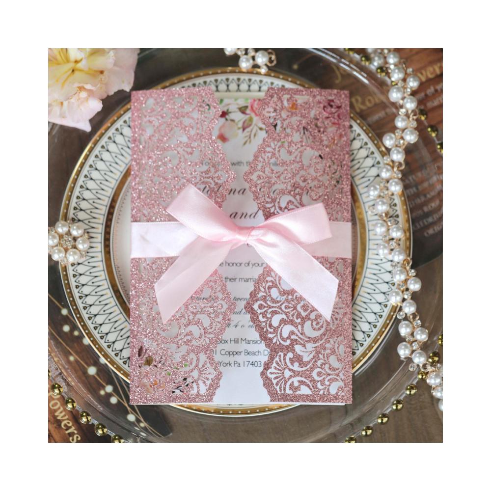 10 Stück Glitzer Einladungskarte mit Band Grußkarten Hochzeit Mariage Einladung Party Taufe Bar Mitzwa Party Dekoration