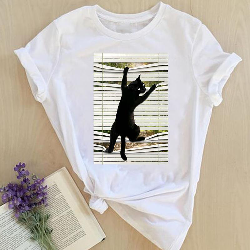 Womens Short Sleeve T-Shirt Cat Print Tops O-Neck Funny Graphic Tees Blouse Loose Casual Beach Shirt