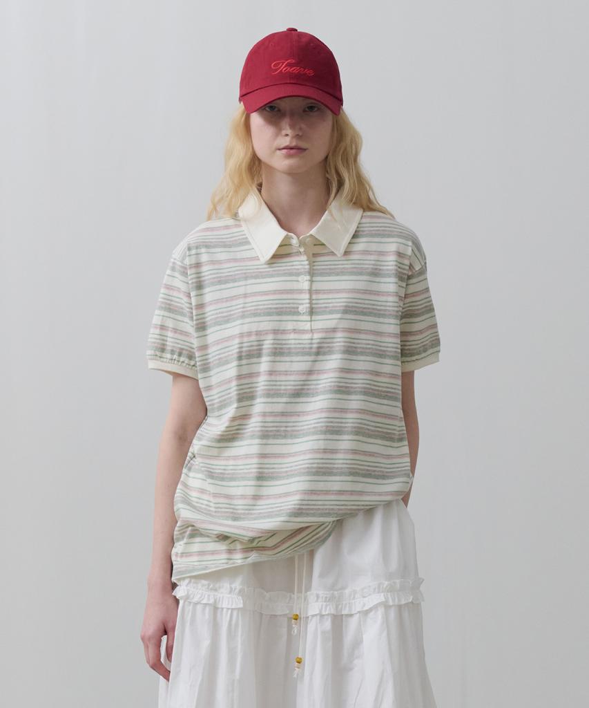 Toabe Sand Half-Open Striped Polo Tee (Pink)