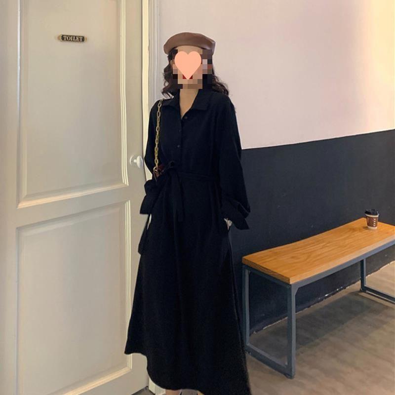 QICED Autumn Winter Hepburn Style Medium Length Thick Dress Female Retro Loose Long Sleeve Large Size Fat Mm Shirt Long Dress