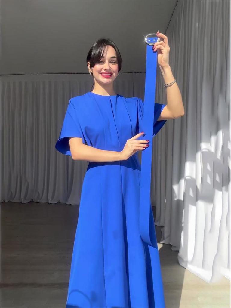 European & American Solid Color Round Neck Short Sleeve Slim Fit Long Dress with Waist Belt