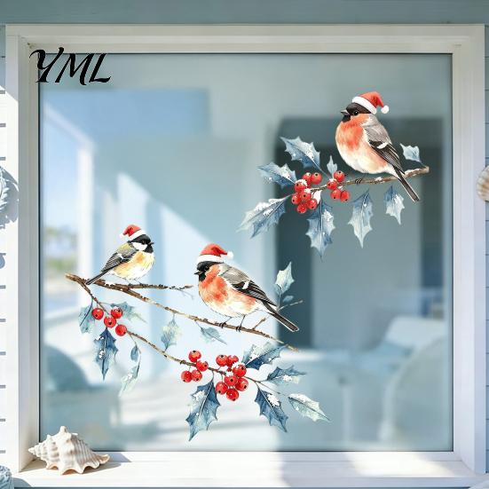 Holiday Party Window Accents Christmas Watercolor Bird Sticker, Santa Hat On Beey Winter Glass Decals Branch Static Decal, Waterproof Cling for