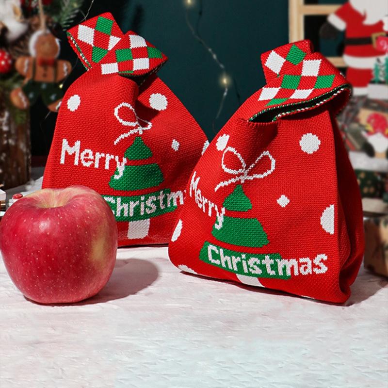 1Pc Santa Claus Knitted Tote Bag - Christmas Knot Wrist Handbag, Reusable Storage Bag for Candy Gift Packaging & Shopping