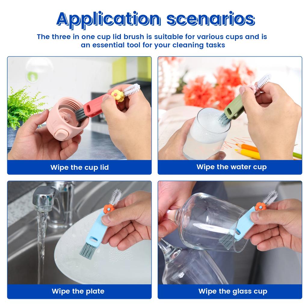 6Pcs Bottle Gap Cleaning Brush 3 In 1 Cup Crevice Cleaner Portable Cup Lid Cleaning Brush for Home Kitchen Glasses Milk Bottles
