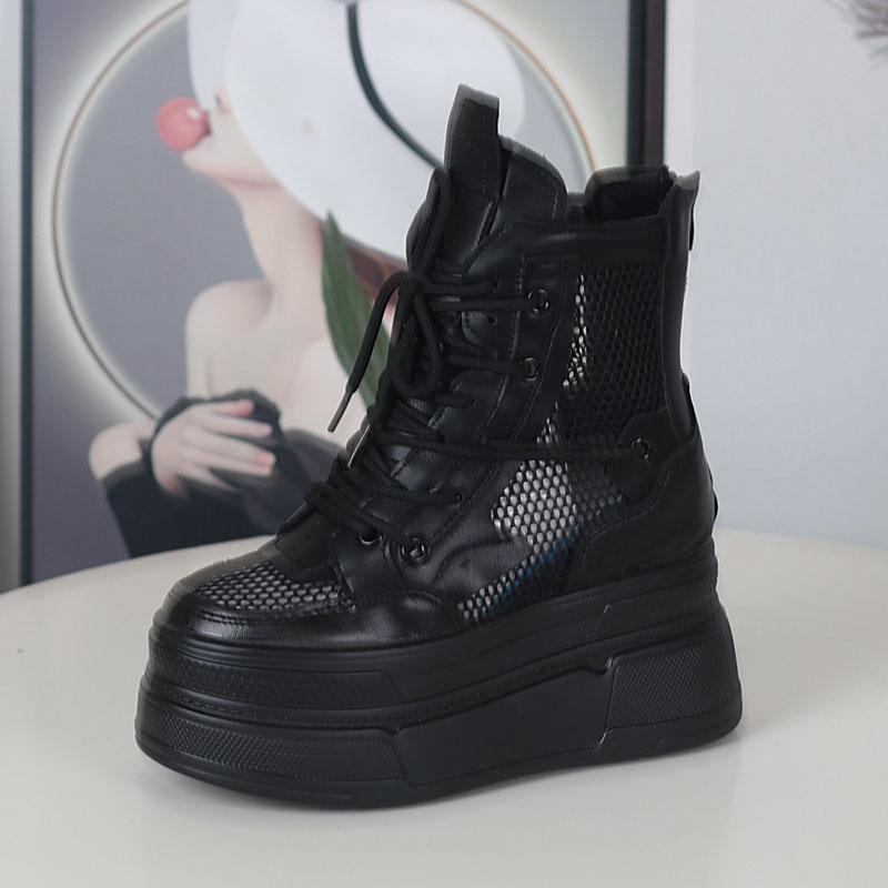 Fashion 12CM Air Mesh Microfiber Synthetic Chunky Sneakers Spring Shoes Leather Ankle Booties Women Vulcanize Boots Autumn