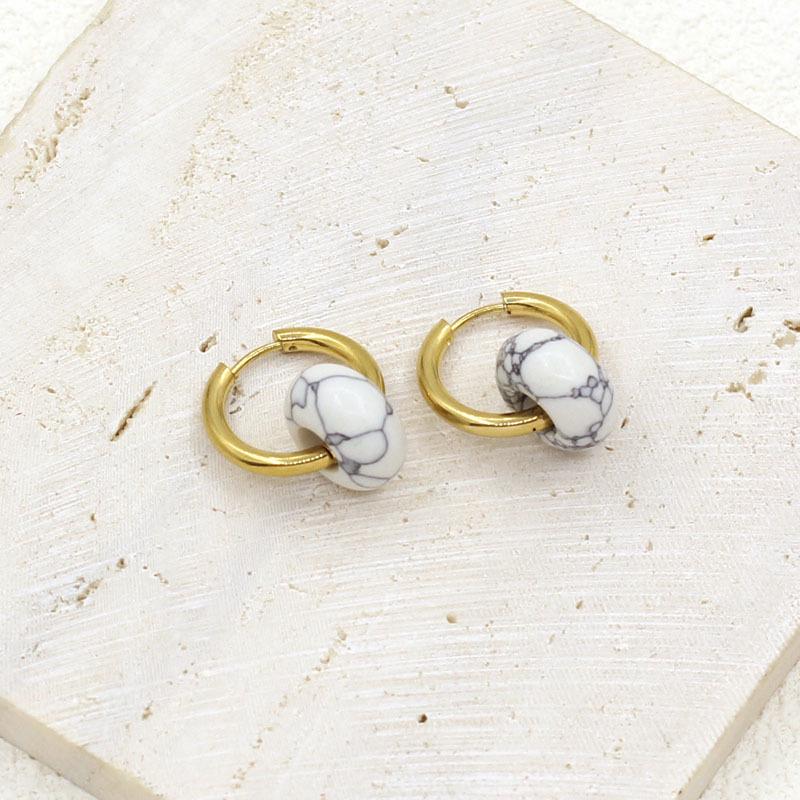 Chic Gold-Plated Stainless Steel Hoop Earrings with Natural Stone Pendants - European & American Street Style for Women
